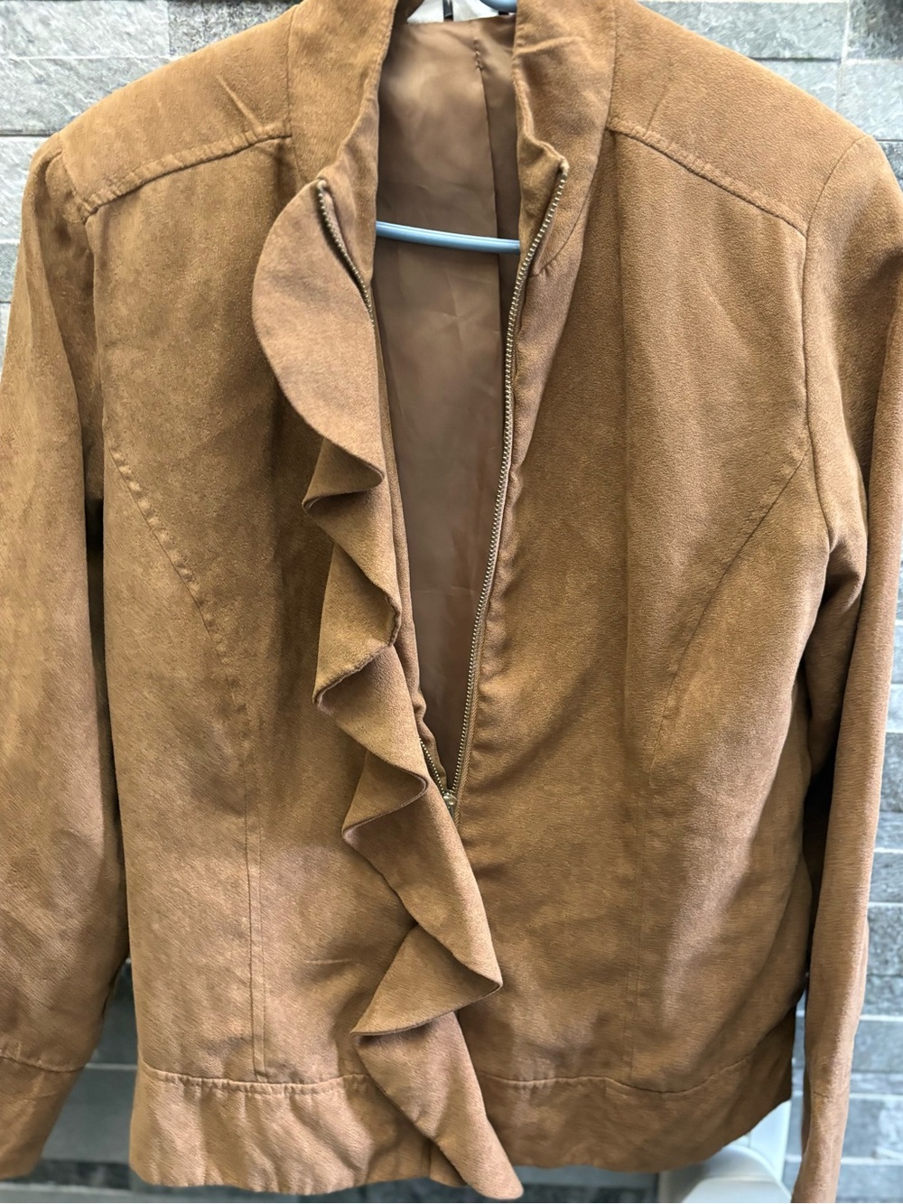 Christopher & Banks Tan Ruffle-Front Suede Jacket
